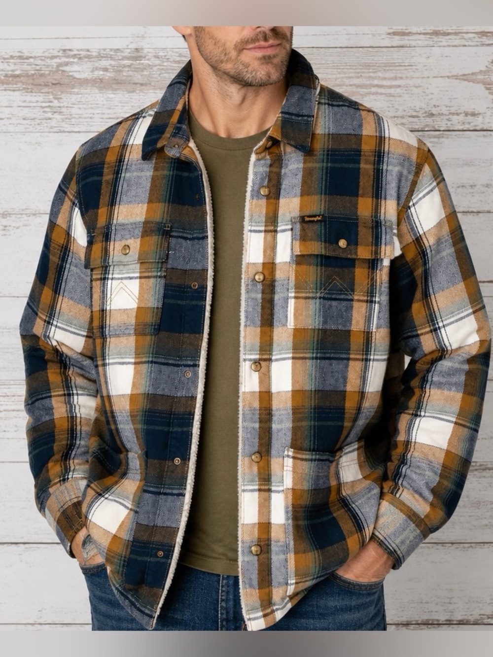 Wrangler Authentic Western Jacket Sherpa Lined Men’s XXL Blue Spruce Plaid